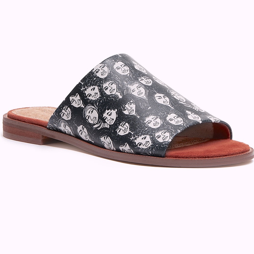 KELSI DAGGER BROOKLYN Ruthie printed leather flat slide sandal faces 8.5 NEW